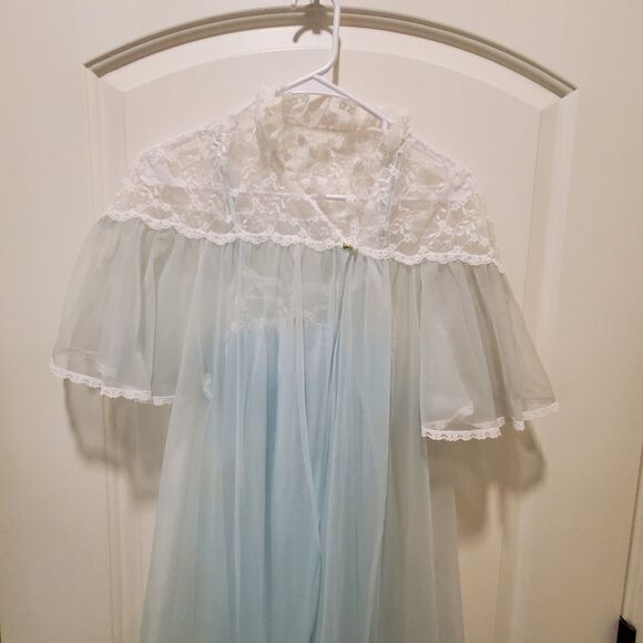 NWOT Vtg Val Mode 2 Pc Peignoir Set Sz XS Blue White Lace Trim 60’s Sheer Robe - Picture 3 of 13